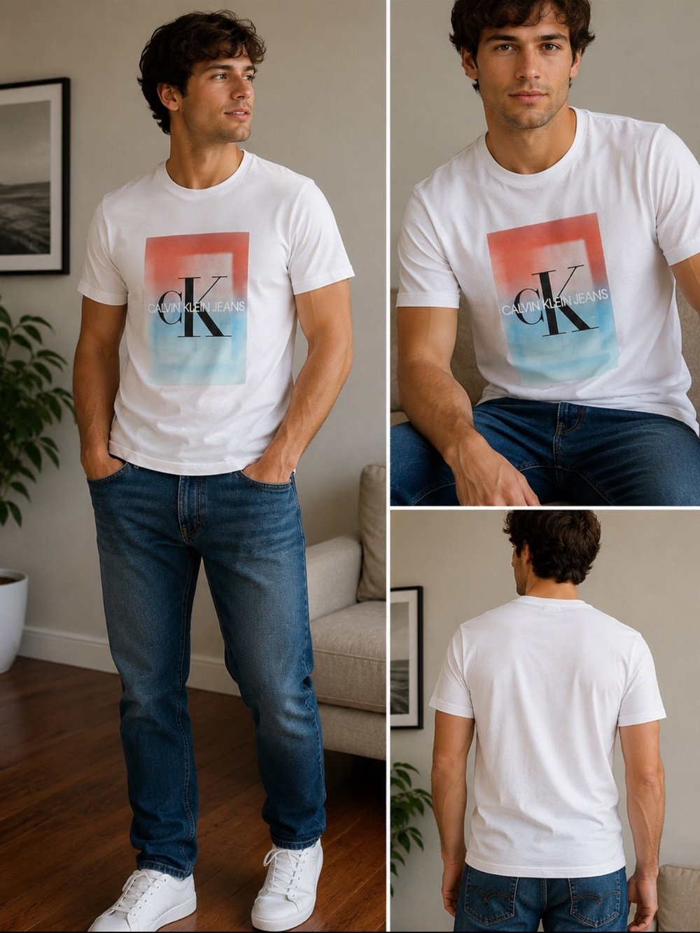 Calvin Klein Jeans White Crewneck T-Shirt with Red and Light Blue Gradient Logo